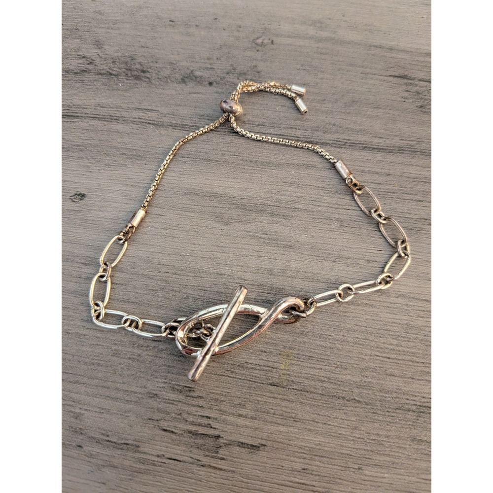 Silver Tone Mixed Chain Bolo Bracelet‎ with Toggle Bar Detail Adjustable